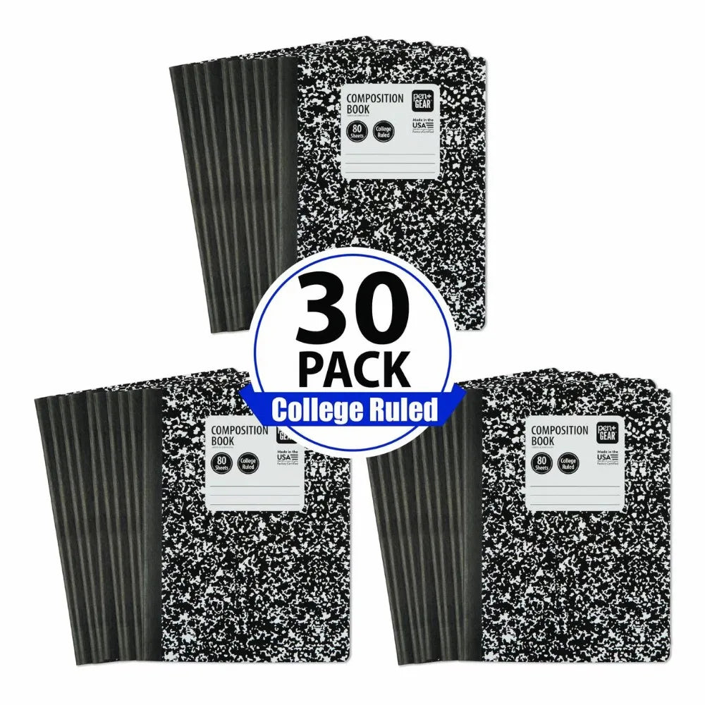 College Ruled Composition Notebook Bulk Pack, 100 Sheets per Book, 30 Notebooks, Black and White Marble Covers, Wide Ruled Paper, Spiral Bound, for School Office Writing Journaling