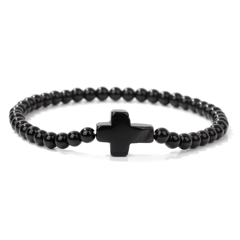 Trendy 4mm Beads Bracelet Stone Cross Charms Bracelet For Women Natural Gems Crystal Bangles Handmade Jewelry Men Yoga Prayer