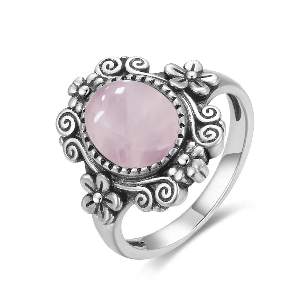 S925 Sterling SilverRing for Women Oval Round Natural Rose Quartz Ring Gift Sun Shaped Retro Luxury Fashion Fine Jewelry