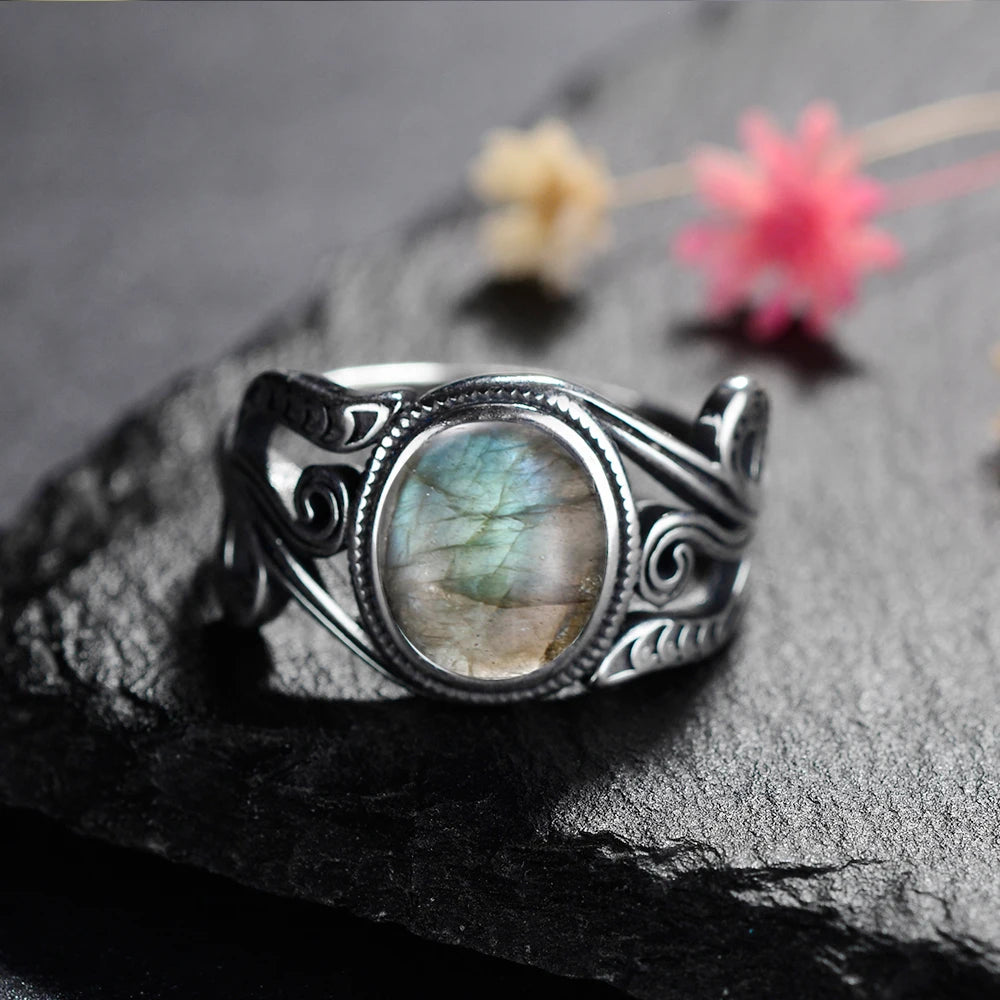 Natural 8x10MM Tiger's Eye Rings Vintage S925 Silver Finger Ring for Women Gift Luxury Rhodochrosite Stone Jewelry