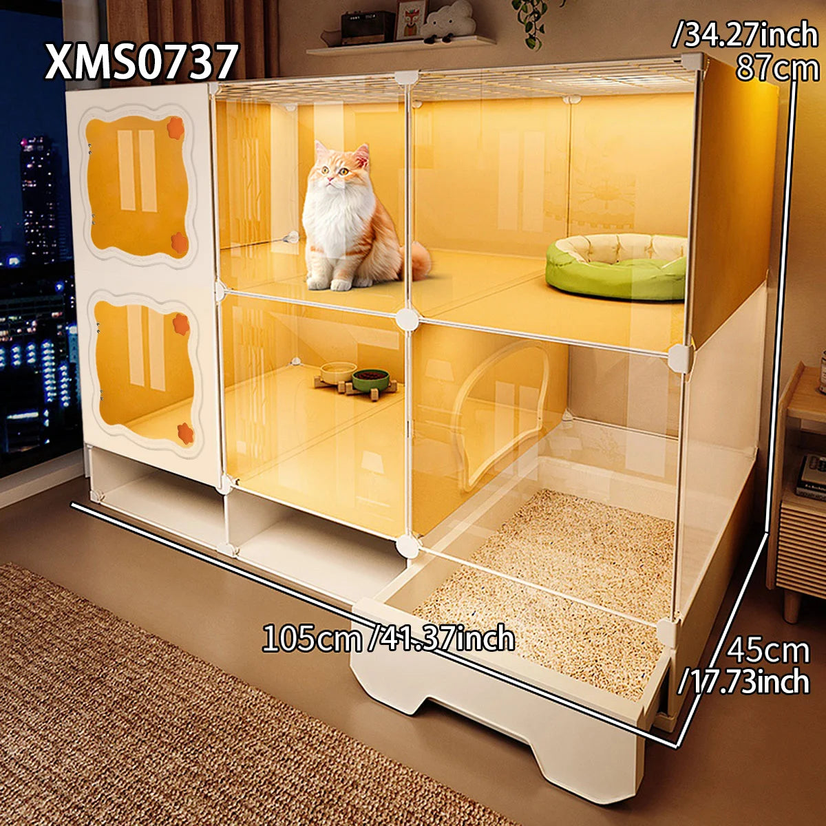 Cat Cage with Drawer-Type Litter Box, Indoor Kitten House with Toilet, Cat Cabinet with One Bedroom, One Living Room, and One Bathroom, Kitten Villa