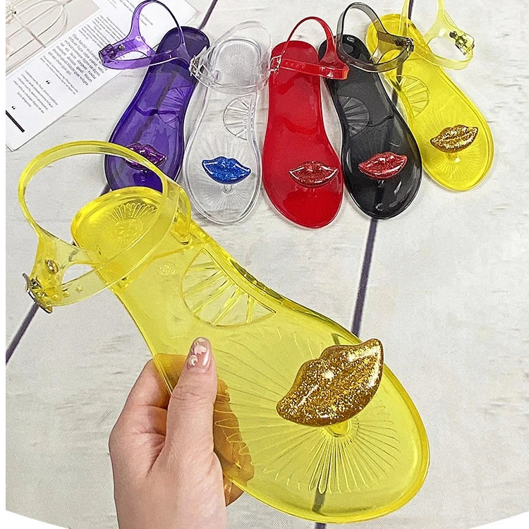 Plus Size 36-42 Ins Hot Sales Women Girls Jelly Sandals Colorfull Transparent PVC Beach Shoes Summer Fruit Flip-flop Shoes