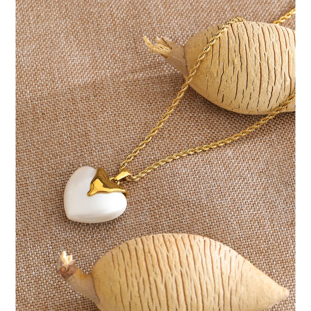 Yhpup Stainless Steel Imitation Pearls Heart Pendant Necklace for Women Elegance Popular Chic Romantic Korean Jewelry Gift