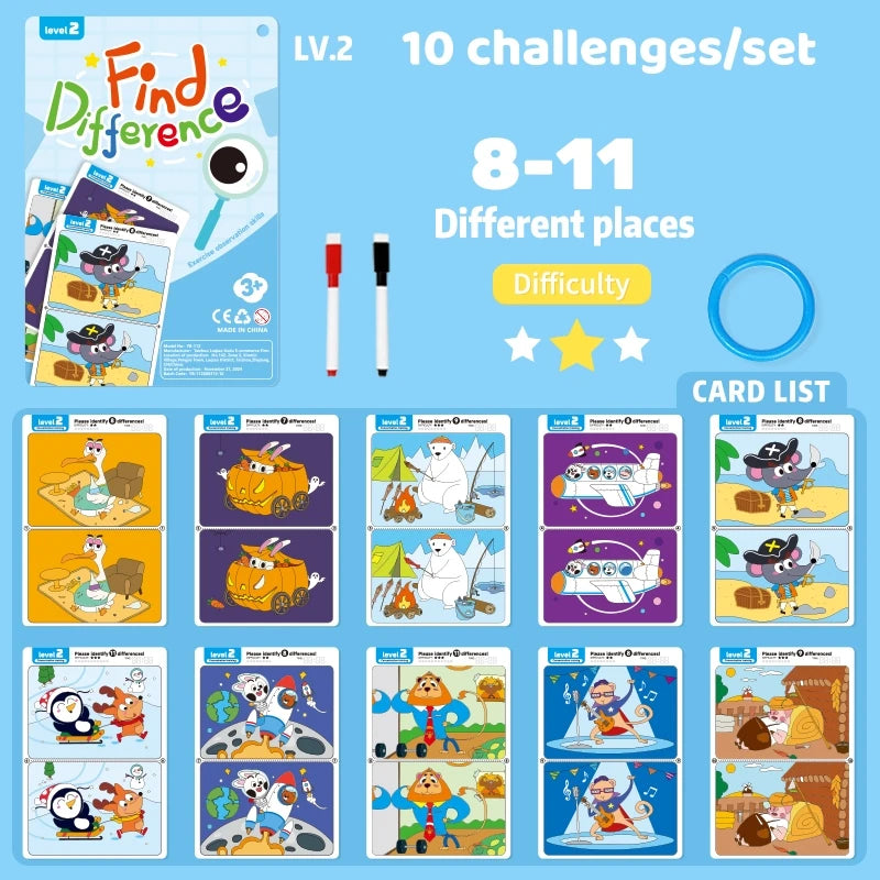 Find the Difference Game Concentration Training Set 10 Sheets/Set, Reusable Reverse Answer, Interactive Observation Skills Development Fun Educational Toys