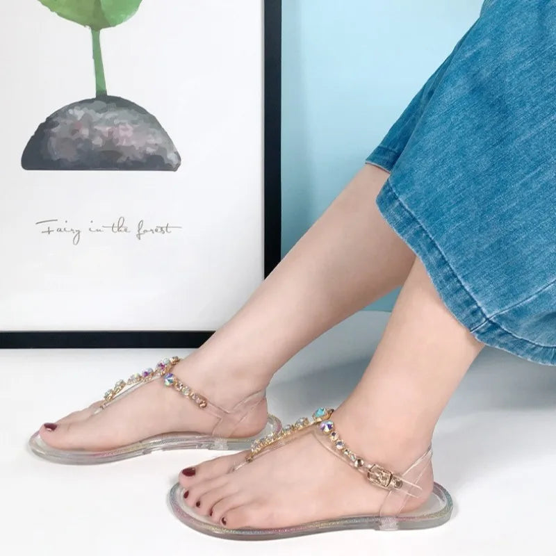 Size 36-42 Women Girls Jelly T- Tied Sandals INS Hot Sales Diamond Transparent PVC Summer Berach Flip-flop Shoes S1055