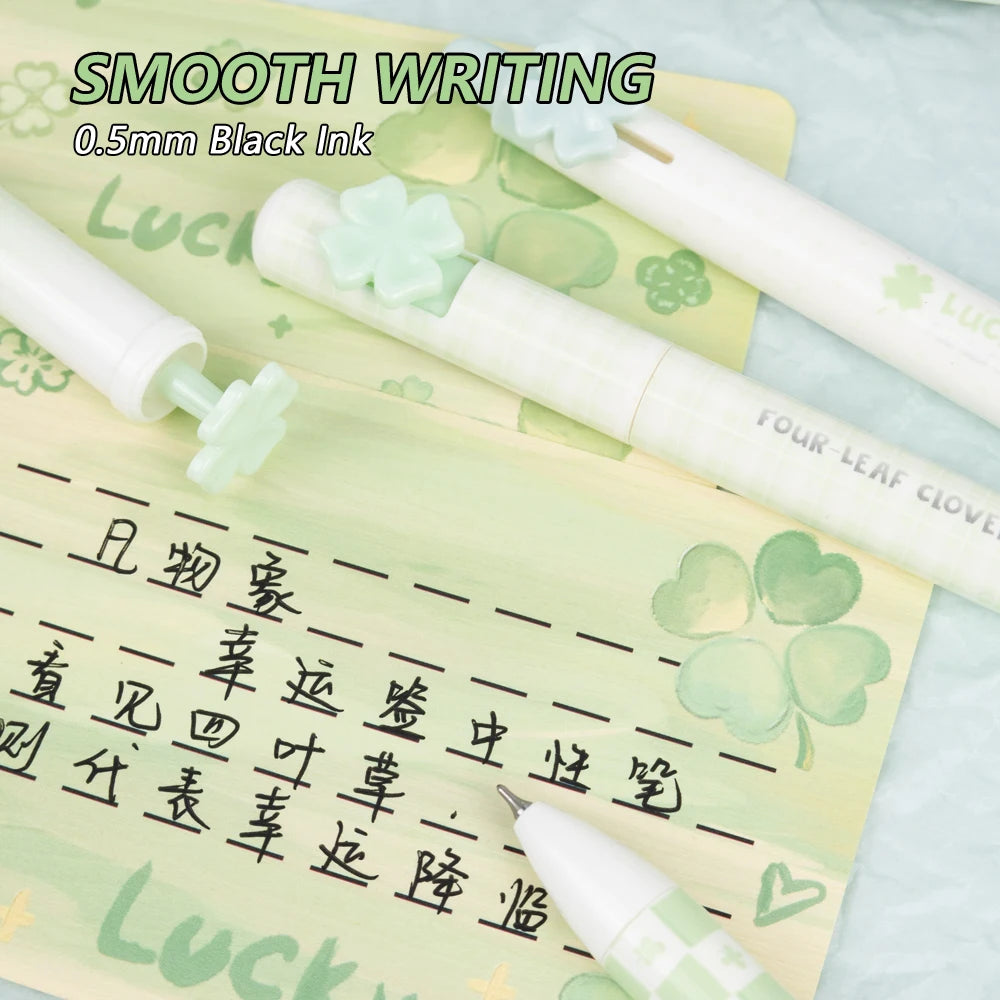 4 Pcs/Set Four-Leaf Clover Gel Pens 0.5mm Black Ink Quick-Drying & Smooth Writing Pen for Office School Study Exam Stationery