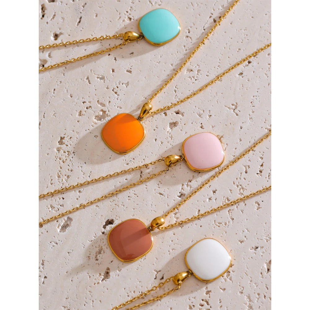 Yhpup Candy Color Sweet Square Pendant Necklace Stainless Steel Gold Color PVD Plated Basic Fashion Jewelry for Women for Girl
