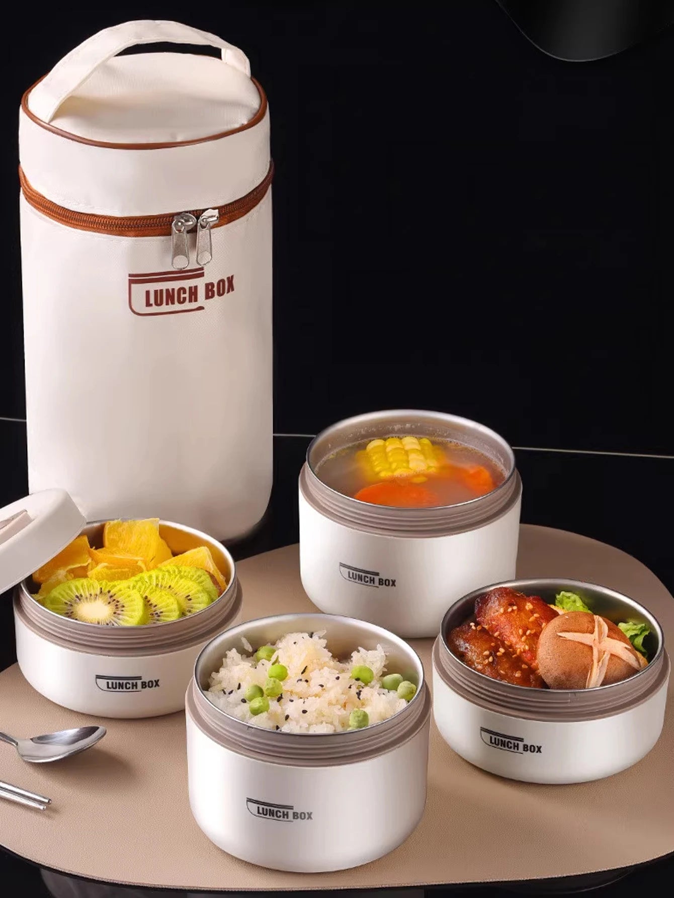 4pcs Portable Insulated Food Lunch Container Set with Thermal Lunch Box 3 Separate Stackable Lunch Container for Adult Kids