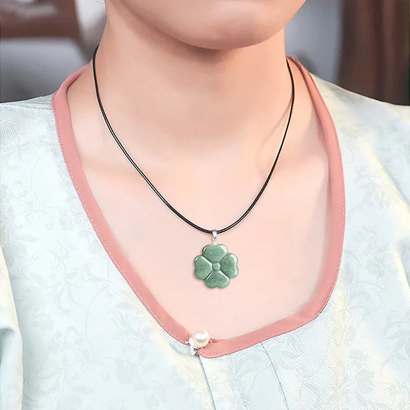 S925 Silver Burmese Jade Lucky Clover Pendant Natural Necklace Designer Jadeite Green Stone Real Fashion Jewelry Vintage