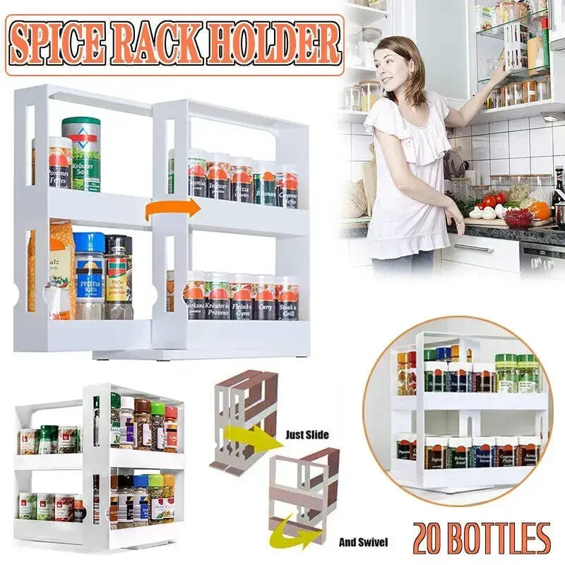 2 Tier Rotating Spice Rack Multi-Function Slide Out Storage Shelf for Kitchen Cabinet Cupboard Pantry Countertop Organization