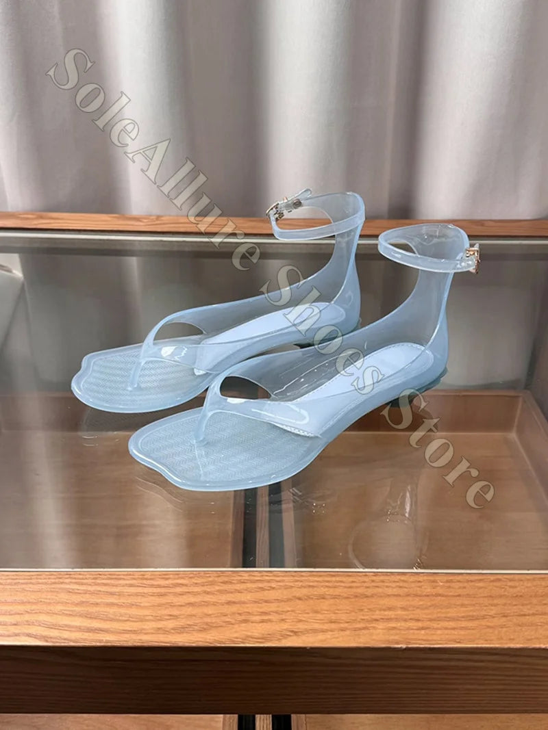 Glitter Jelly Sandals With Ankle Buckle Low Block Heel Thong Style Non Slip For Beach Trips And Summer Events