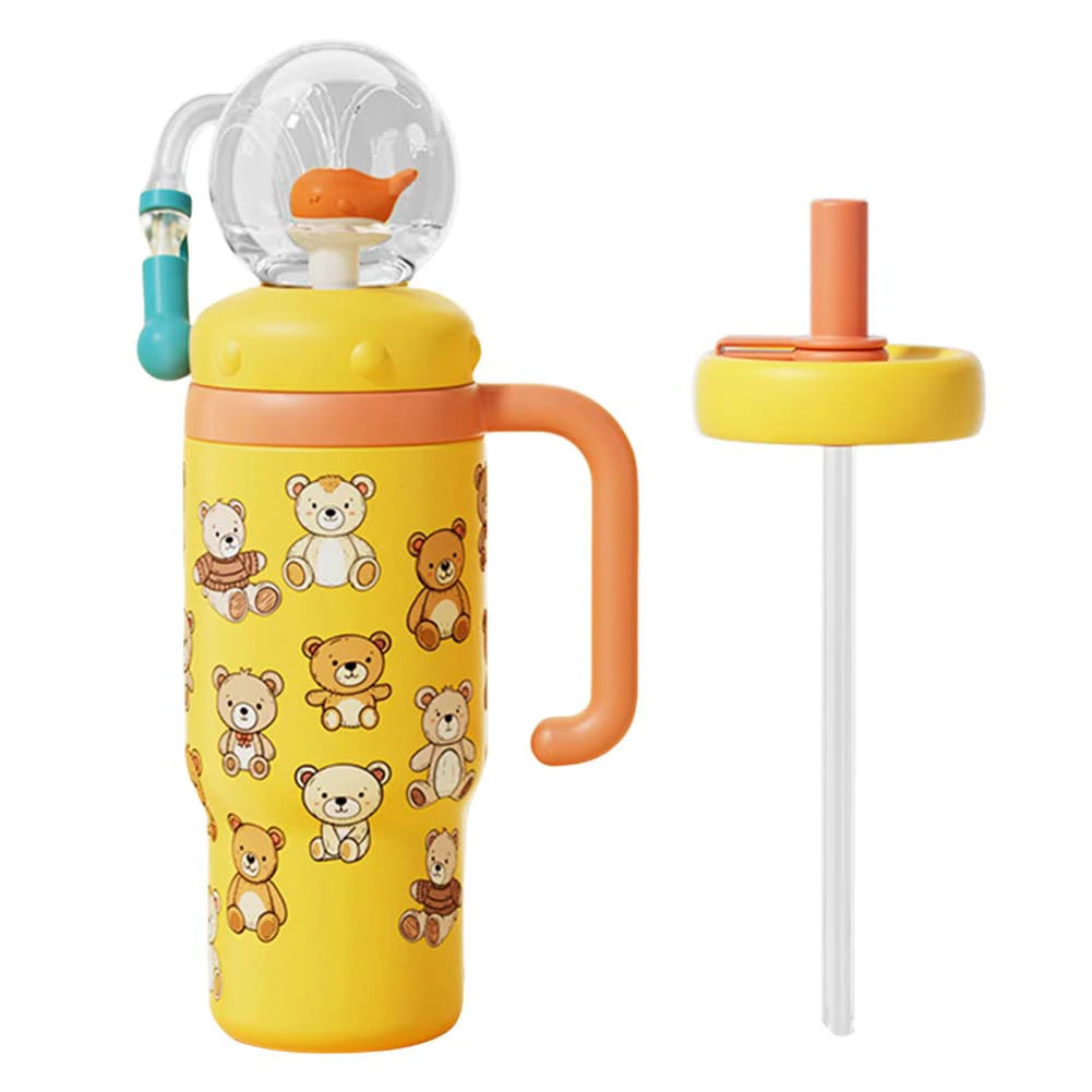 710ML Stainless Steel Whale Fountain Tumbler with Handle Leak Proof Whale Squirt Drinking Cup Water Bottle with Straw Creative G