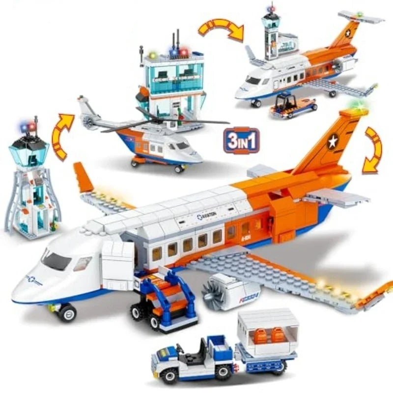 3 in 1 City Airport Building Block Airplane Passenger Terminal Staff Plane Baggage Truck Bus STEM Educational Toy Holiday Gift