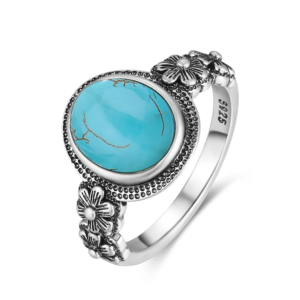 Vintage S925 Sterling Silver Rose Flower Ring With Oval 8*10mm Natural Moonstone Sweet Ring Fine Jewelry For Woman