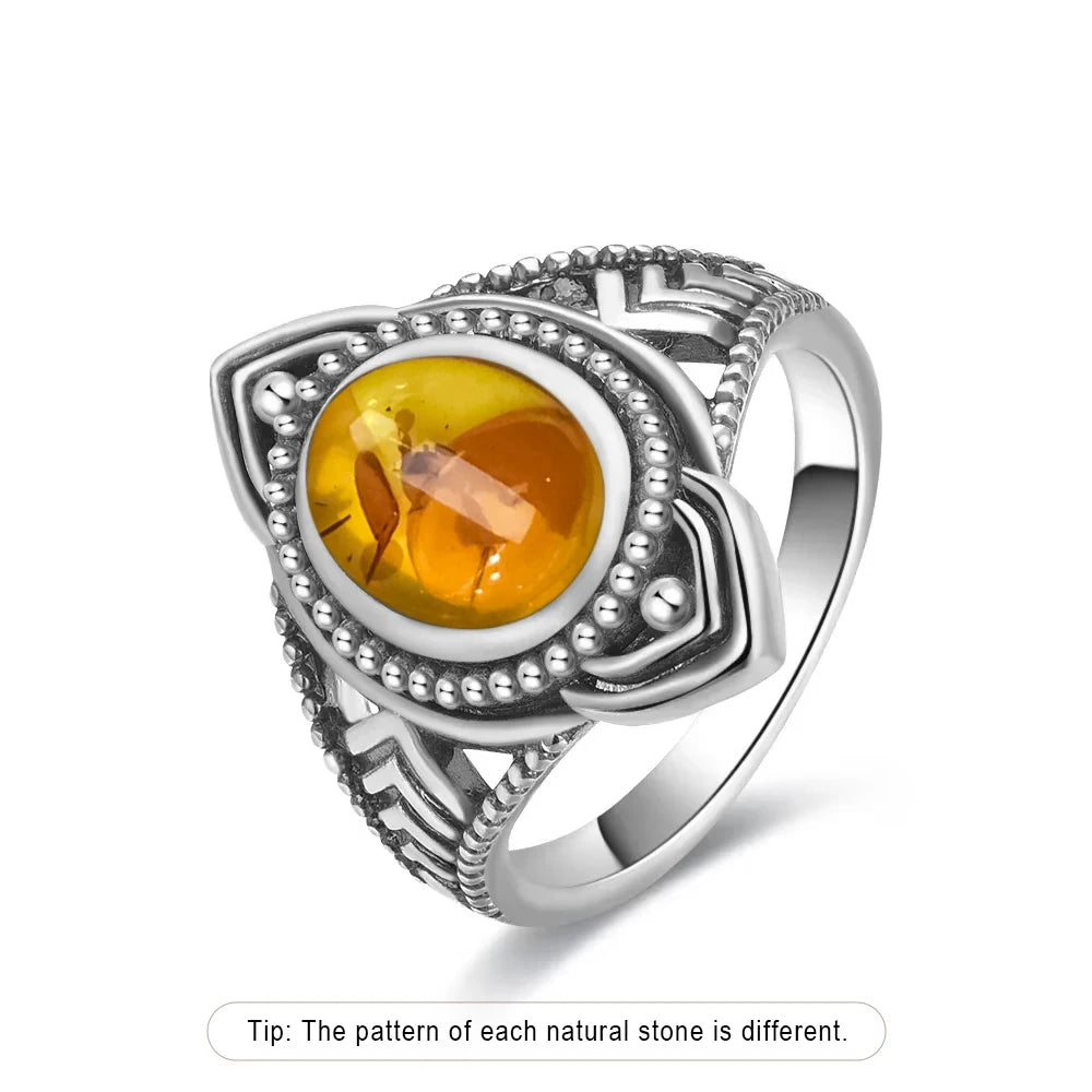 Certified Sterling Silver 925 Petal Amber Ring with Yellow Oval Natural Stone Ring Flower Jewelry Vintage Rings for Women Men