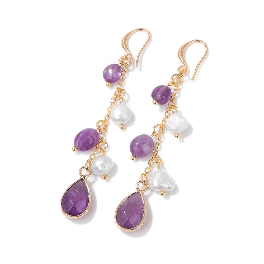 Natural Stone Long Earring Water Drop Pendent Amethysts Agates Lapis Lazuli Pearl Dangle Earrings for Women Girl Fashion Jewelry