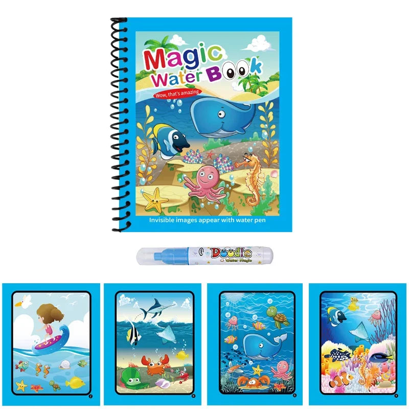 1PC Children's Watercolor Painting Magic Book with Refillable Water Pen for Children Animal Cartoon Painting Book Education Toys