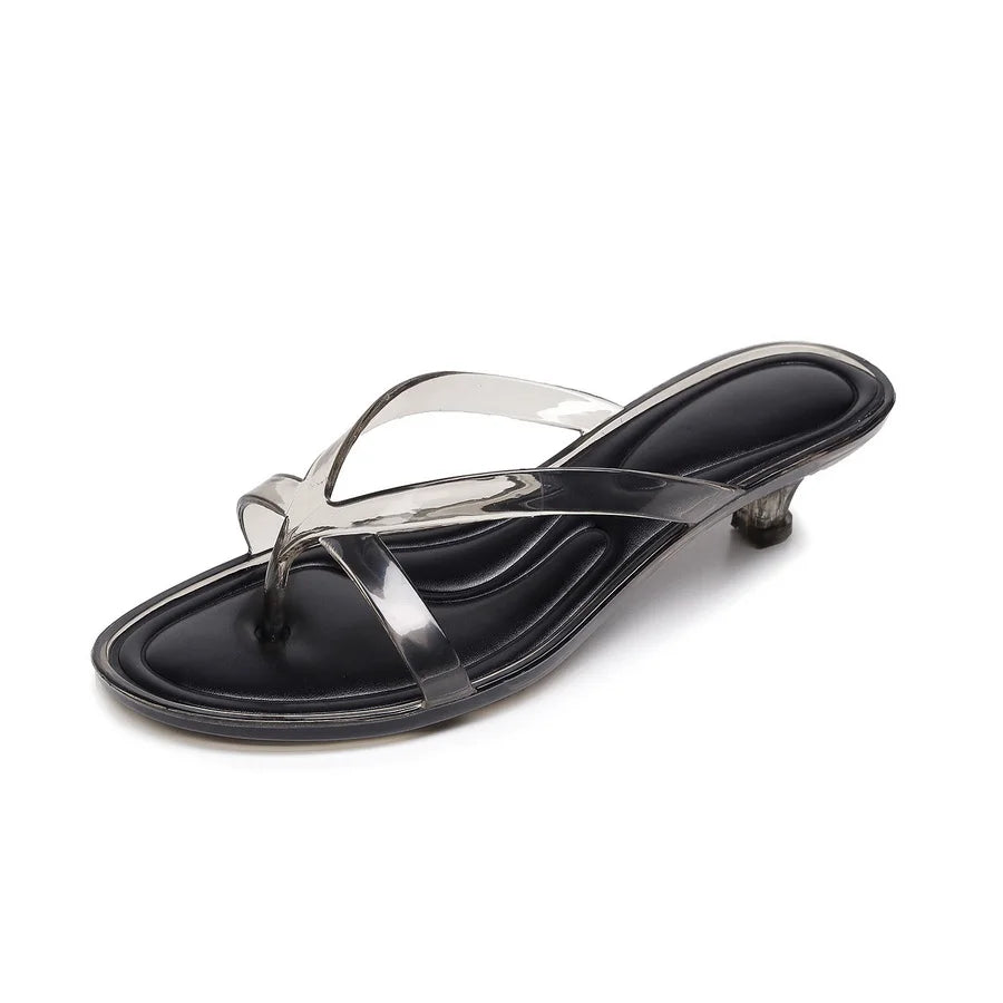 Glam Sheer Heeled Jelly Thong Sandals Women's Transparent Strap Square Toe Kitten Heels Woman Trendy Flip Flops Night Out Shoes