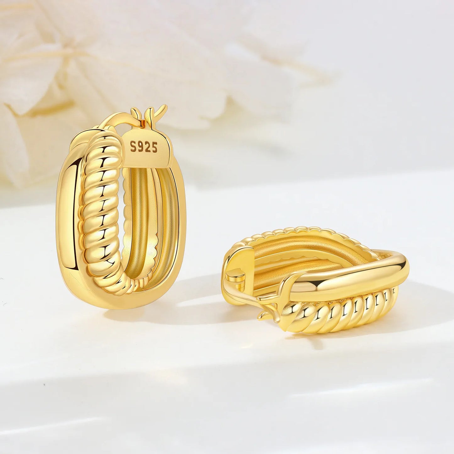Orstarry S925 Sterling Silver Earring Artistic Textured Square Hoop Earring 18K Gold-plated For Women Birthday Gift Fine Jewelry
