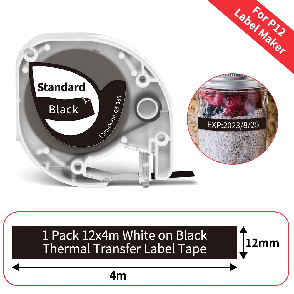 P12 Label Tape Compatible with Dymo LetraTag 200B Refills LT-100H Label Replacement for Phomemo P12 PRO Label Maker 12mm x 4m