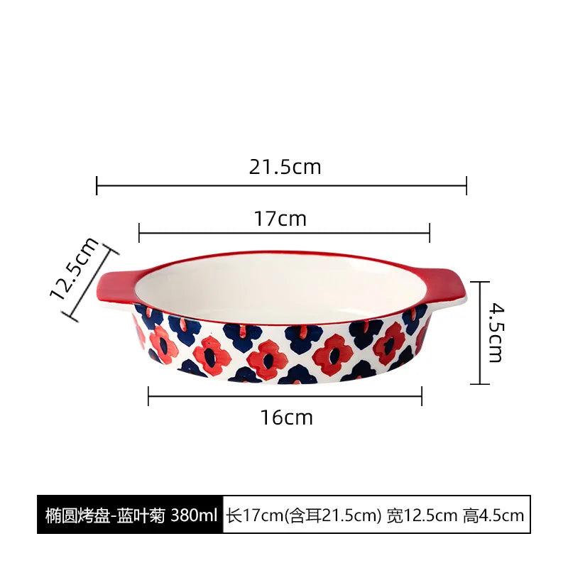 Rectangular Oval Bakeware Pan With Handle Ceramic Baking Dish Roasting Lasagna Pan Kitchen Salad Cheese Baked Pan Flowers