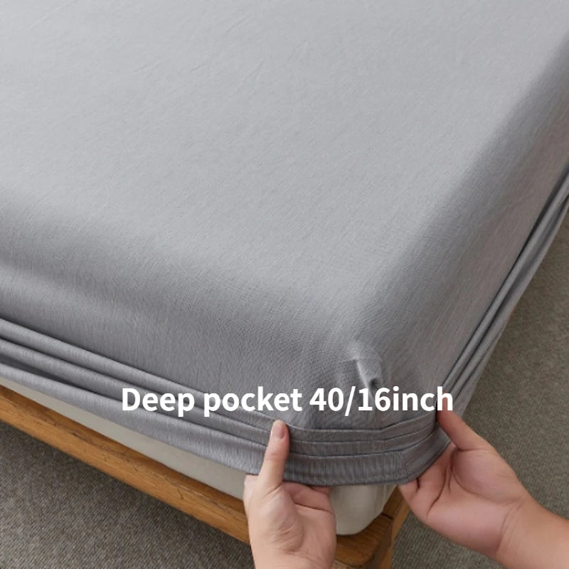 Summer Bamboo Fiber Cooling Fitted Sheet Soft Breathable Mattress Cover 360° Elastic Anti-slip Bed Protector Queen King Size