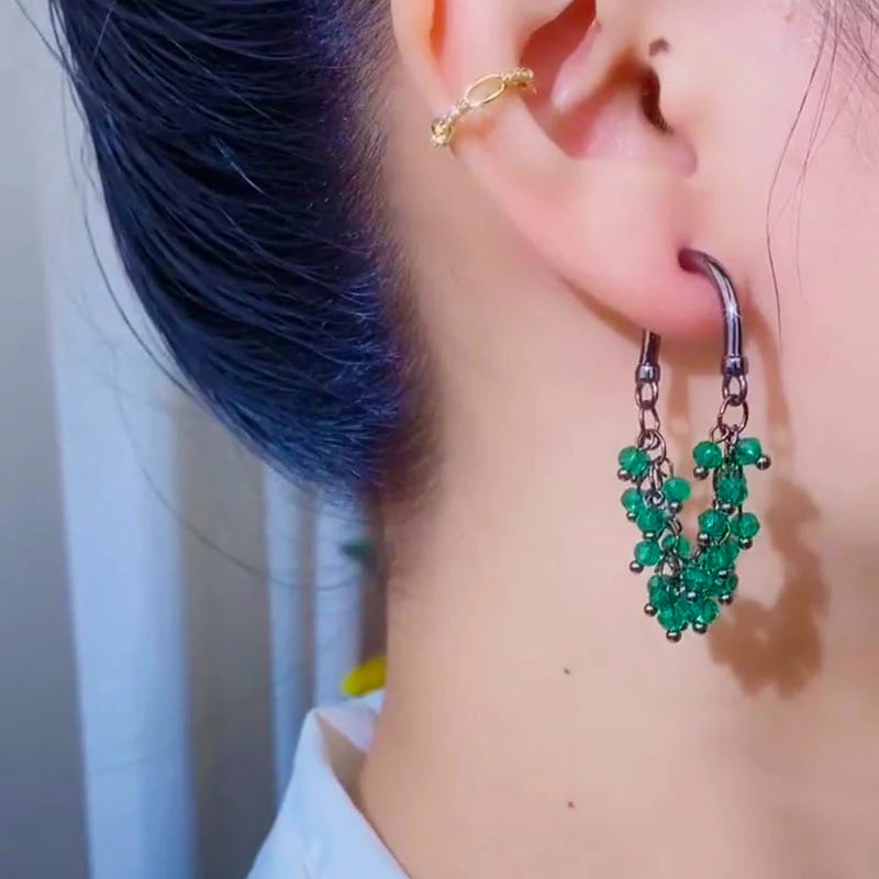New Green Red Crystal Beaded Pendant Tassel Earrings for Women Exquisite Light Luxury Unique Design Personalized Girls Jewelry