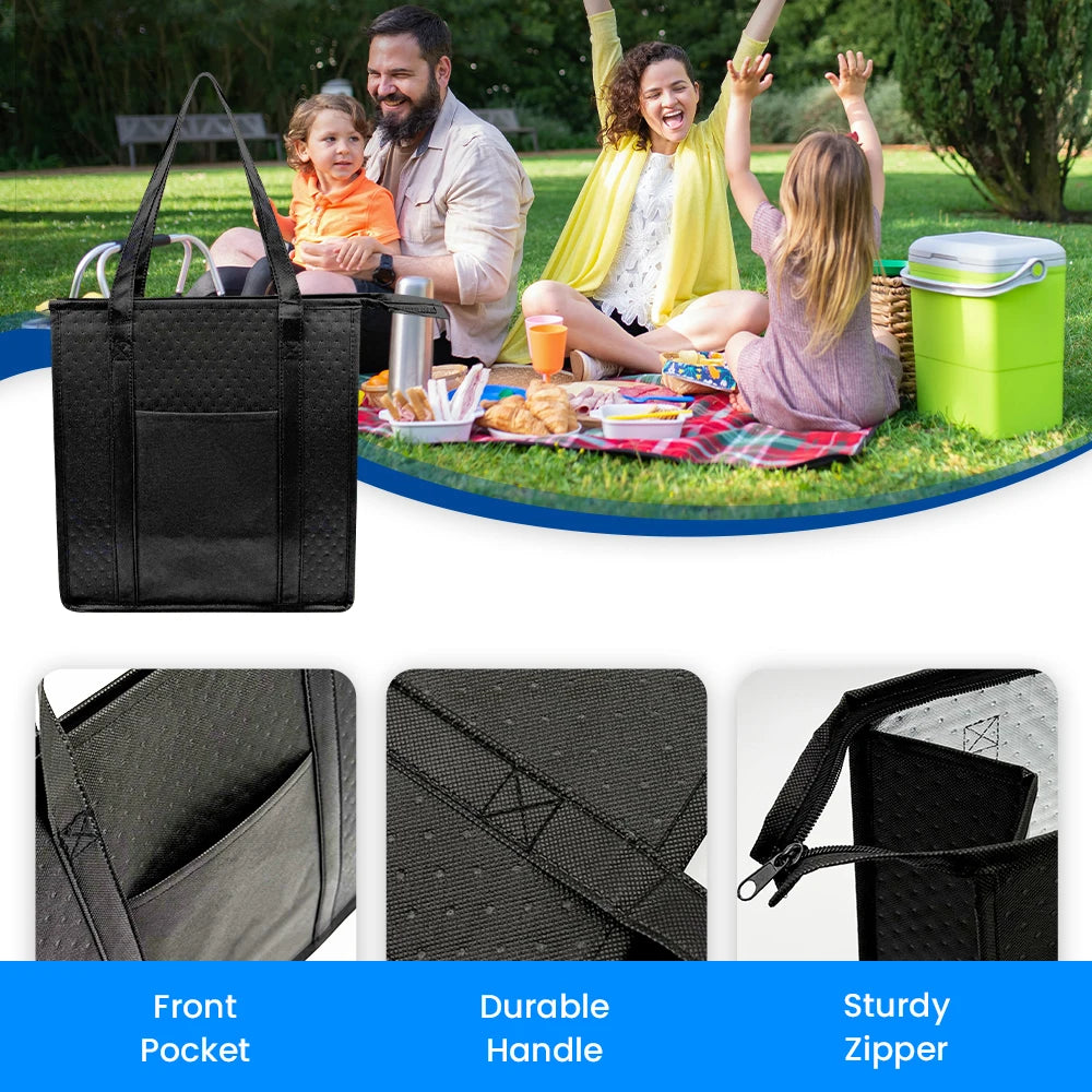 Large Insulated Reusable Grocery Bag with Zipper & Front Pocket, keep cool/warm for hours for Camping Picnic, fishing, shopping