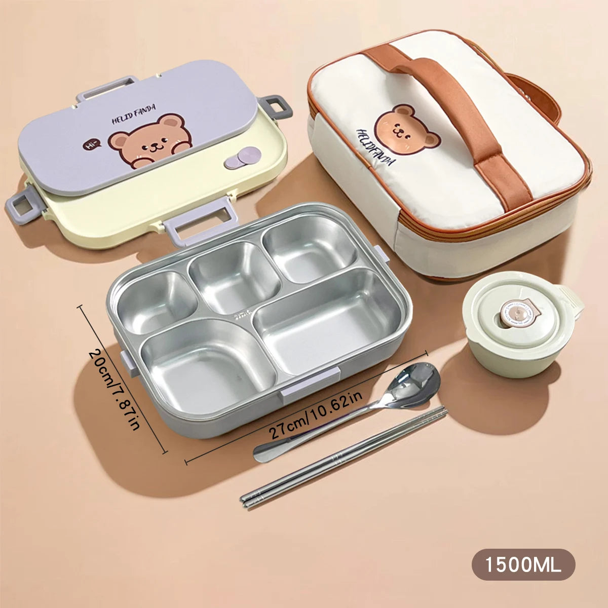 Large Capacity Divided Lunch Container Set For Kids Students Sealed 304 Stainless Steel Bento Lunch Box With Bowl&Cutlery 6