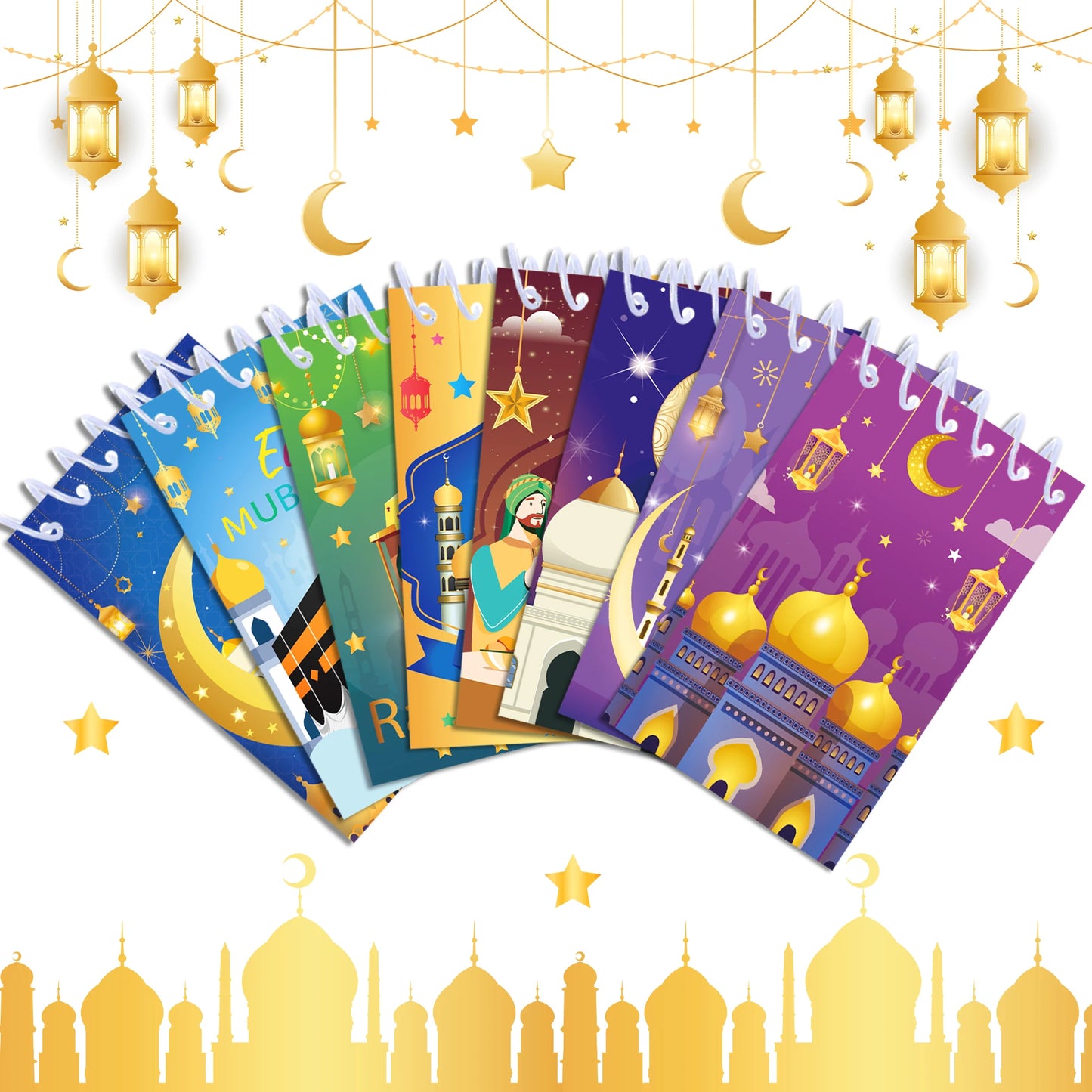 8pcs Eid Mubarak Mini Spiral Pocket Notebooks Memo Pad Coil Booklet Notepad For Office Stationery School Party Supplies