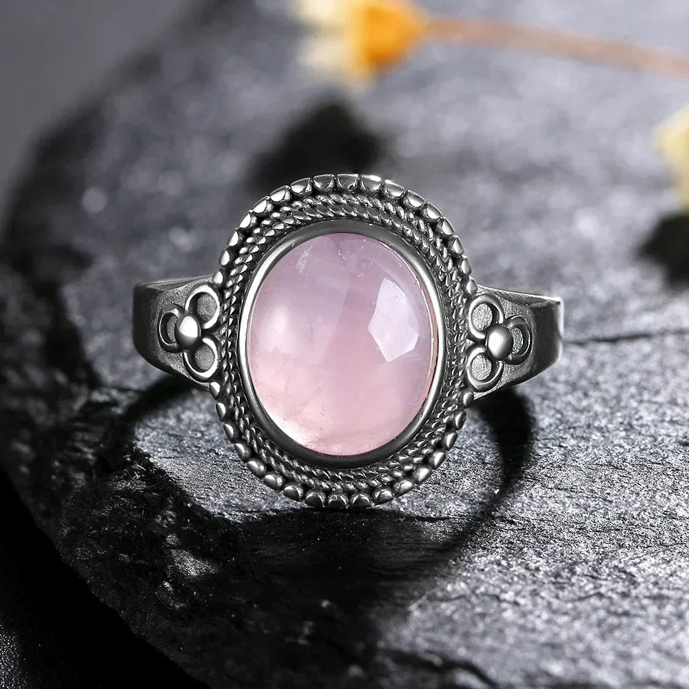 S925 Sterling SilverRing for Women Oval Round Natural Rose Quartz Ring Gift Sun Shaped Retro Luxury Fashion Fine Jewelry