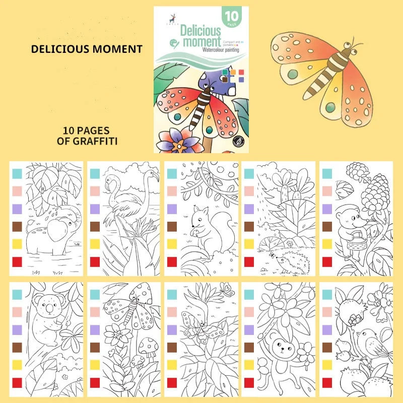 Kids Paint Coloring Book with Pigments - Watercolor Doodle Art Supplies for Toddlers, Sketch Pad & Drawing Paper for Children