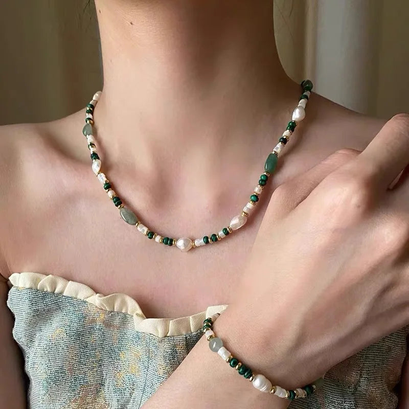New Arrival Trendy Natural Freshwater Pearl & Jade Stone 14K Gold Filled Female Jewelry Set For Women Necklace Bracelet Gifts