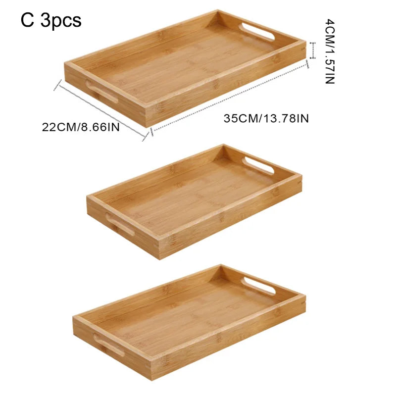Wide Bamboo Organizer Tray Storage Bin with Handles for Cutlery Serving Spoons Cooking Utensils Teapot Teacup