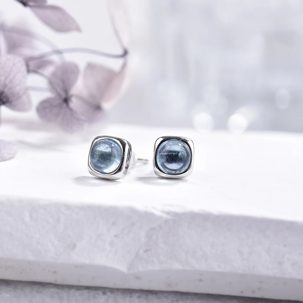 ITSMOS Small Genuine Blue Aquamarine Studs Earrings Natural Gemstone Crystal Delicate Simple Jewelry Women Classic Gift