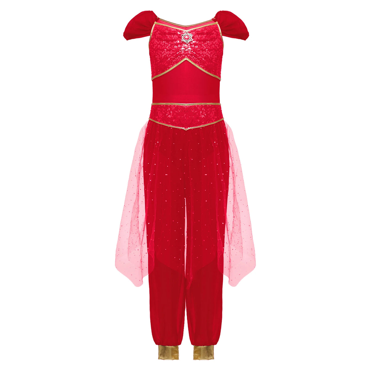 Children's Sequined Tulle Overlay Jumpsuit for Girls Arabian Princess Cosplay Costume Belly Dance Rompers for Halloween Outfit