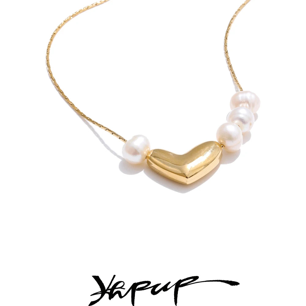 Yhpup Valentine's Day Gift Natural Pearl Heart Love Pendant Necklace for Women Stainless Steel Exquisite Arrivals Jewelry