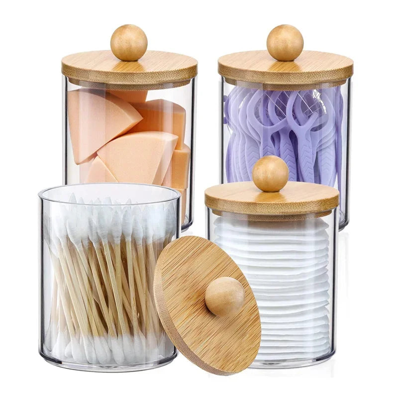 1pcs Cotton Swab Storage Box Acrylic Jar Makeup Organizer Cotton Round Pad Holder Box Q tip Holder Dispenser with Bamboo Lid
