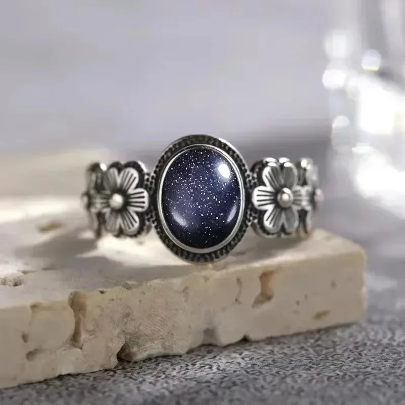 Vintage S925 Sterling Silver Rose Flower Ring With Oval 8*10mm Natural Moonstone Sweet Ring Fine Jewelry For Woman