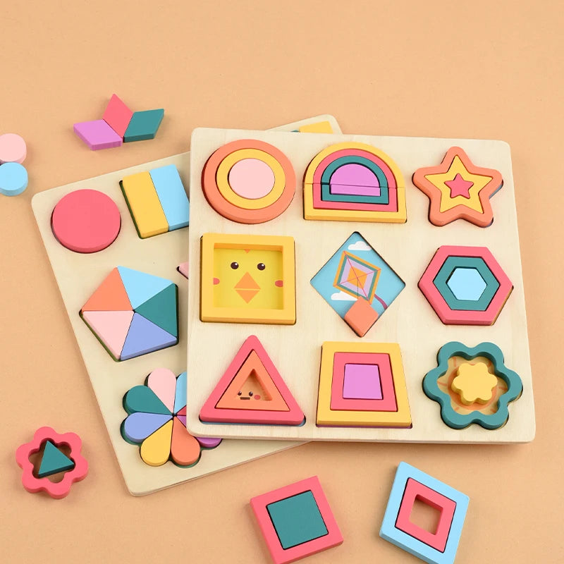 Montessori Children Wooden Rainbow DIY Shape Jigsaw Blocks Puzzle Board Educational Matching Activity Learning Toys for Kids