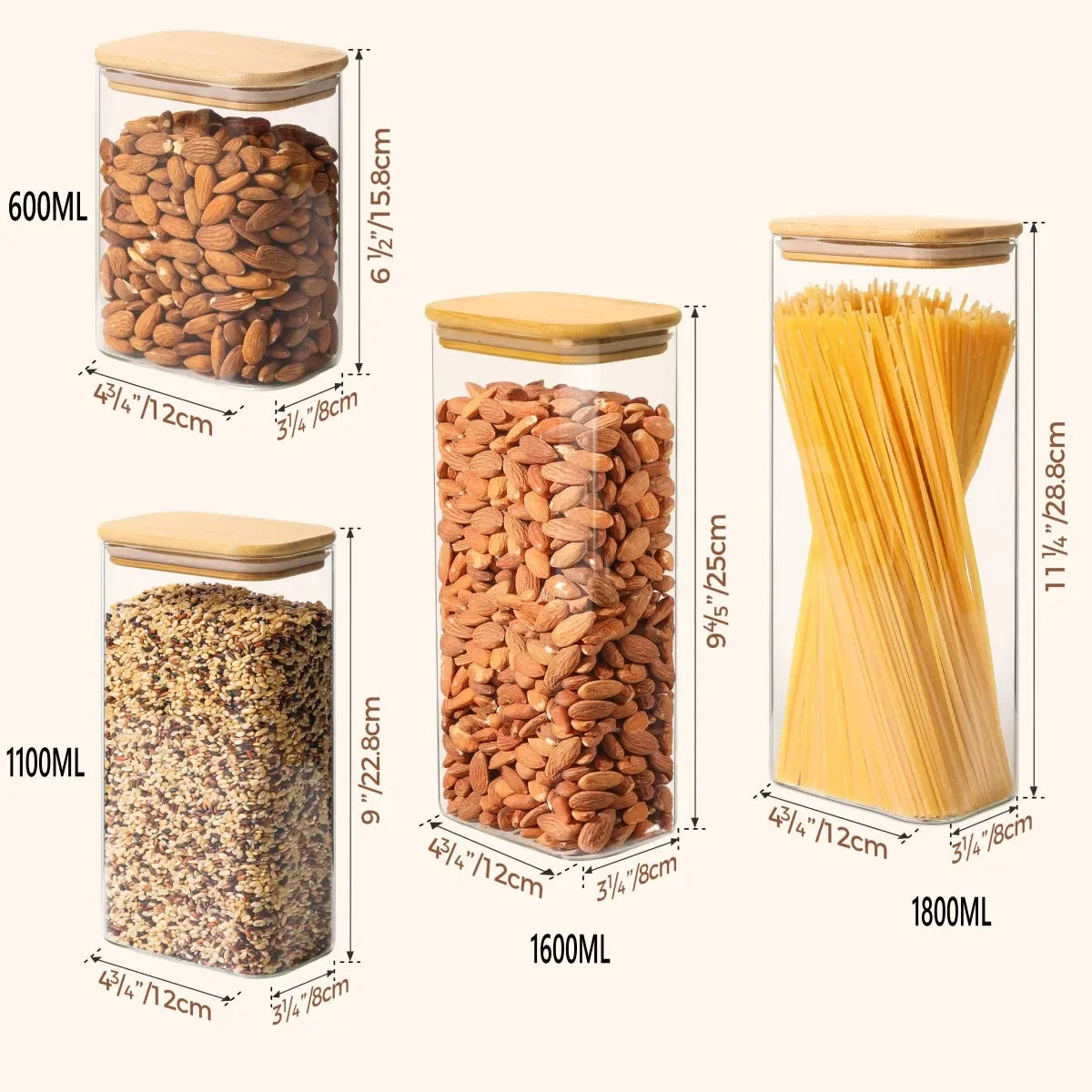 Rectangle  Storage Containers Jars with Bamboo Lids, Clear Food Storage Jar, Pantry Kitchen Organizer for Pasta Flour Oats Nuts