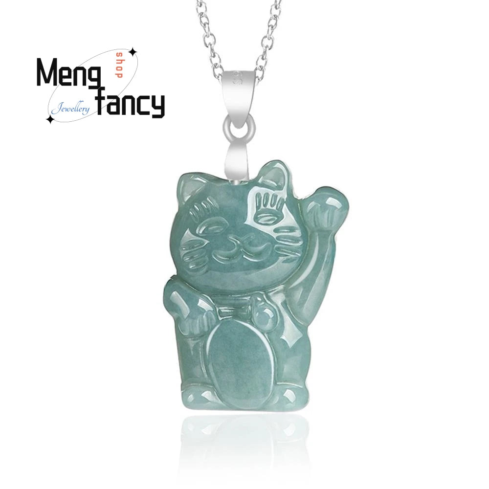 Natural A-goods Jadeite Blue Water Fortune Cat Jade Pendant S925 Silver Inlay Exquisite Cute Mascot Best Selling Fashion Jewelry