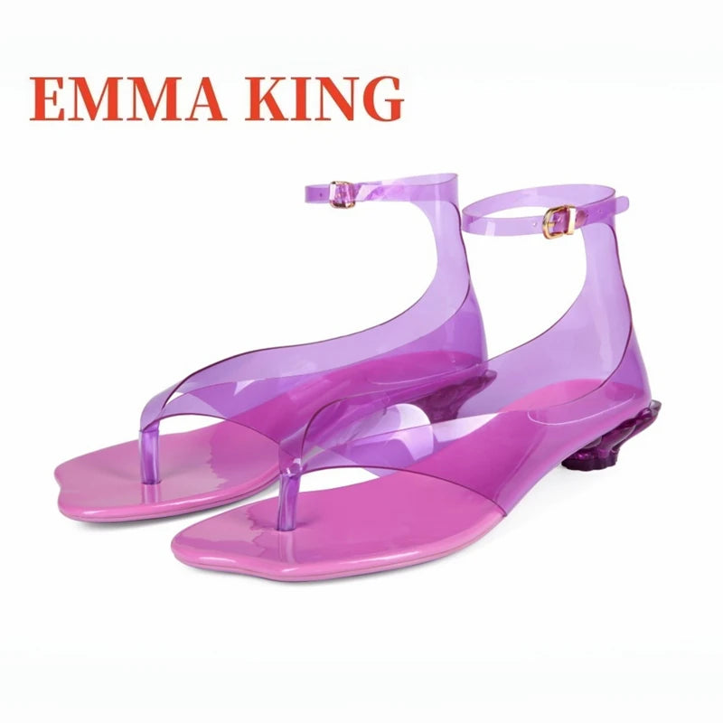Women's Thong Jelly Sandals,2026 New Clear PVC Sandals ,Ankle Buckle Strap Low Heel Sandals,Summer Beach Casual Footwear,35-43