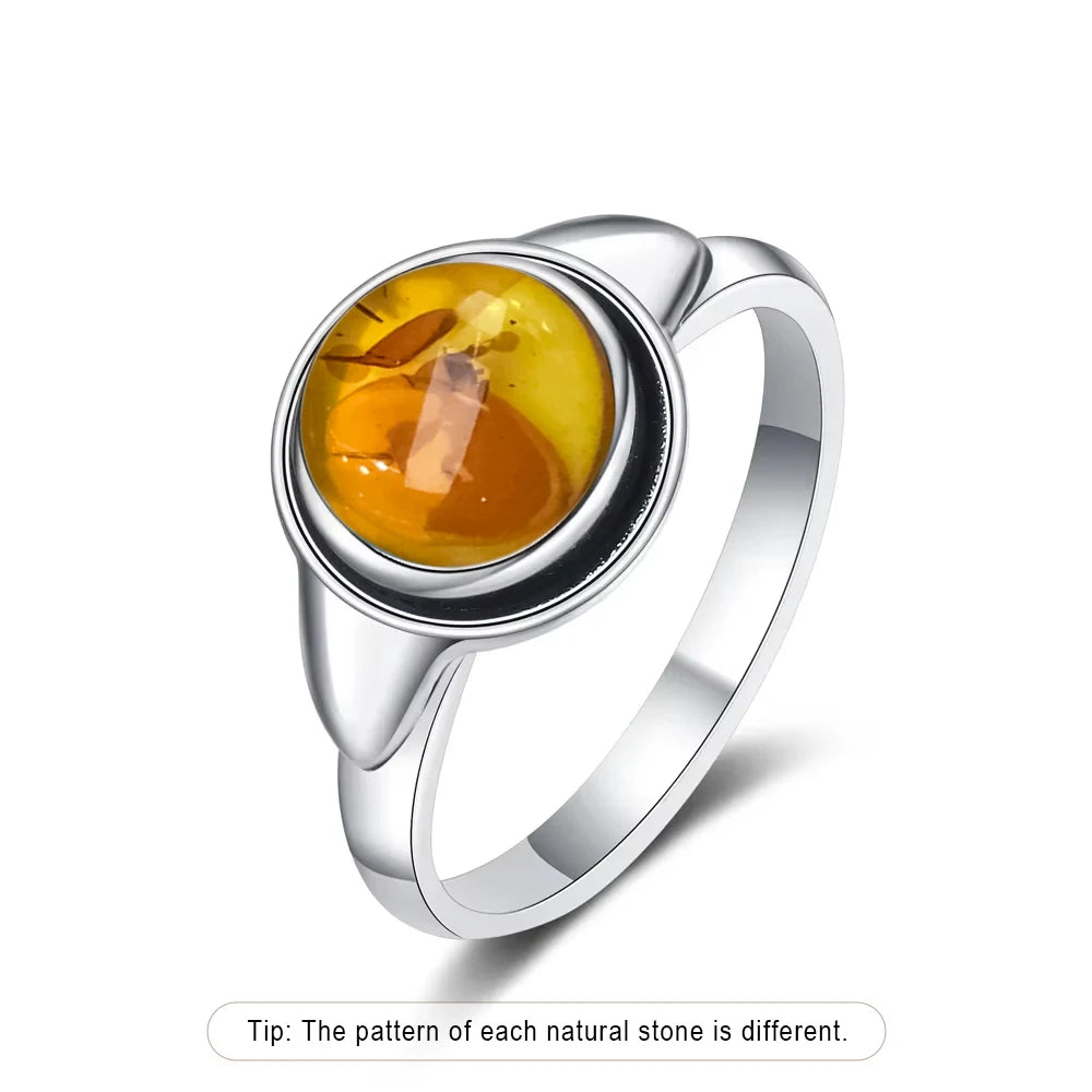 Certified Sterling Silver 925 Petal Amber Ring with Yellow Oval Natural Stone Ring Flower Jewelry Vintage Rings for Women Men