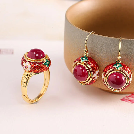 Palace Style Ancient Gold Crafts Vintage Enamel Colored Floral Flower Natural Carnelian Jewelry Sets Ring Earrings for Women