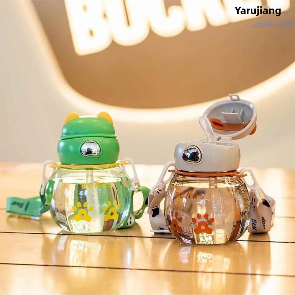 Children's Plastic Straw Cup Portable Sling Cup Boys Girls Elementary School Summer Water Bottle Cute Small Cute Stool Cup