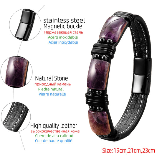 Charm Italian Bracelet Vintage Natural Stone Crystal Men Leather Bracelets Women's Matching Jewelry 2024