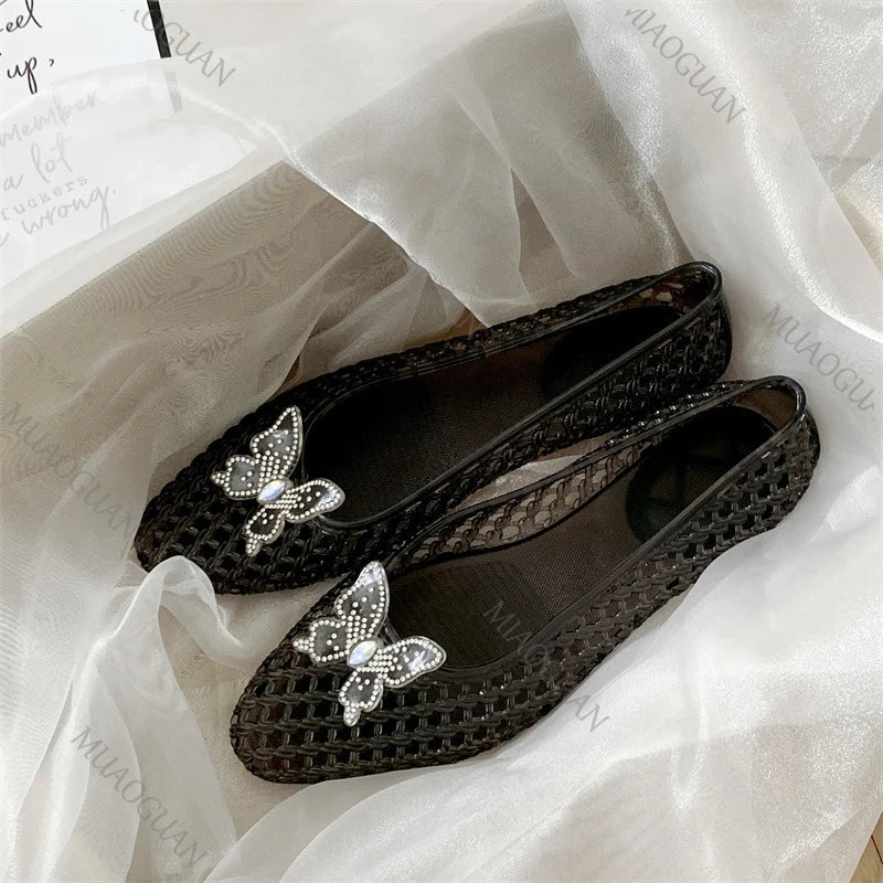 Fashion Crystal Butterfly Jelly Sandals Clear Sequin Outdoor Beach Flat Shoes Causal Comfort Vacation Mesh Breathable Footwears