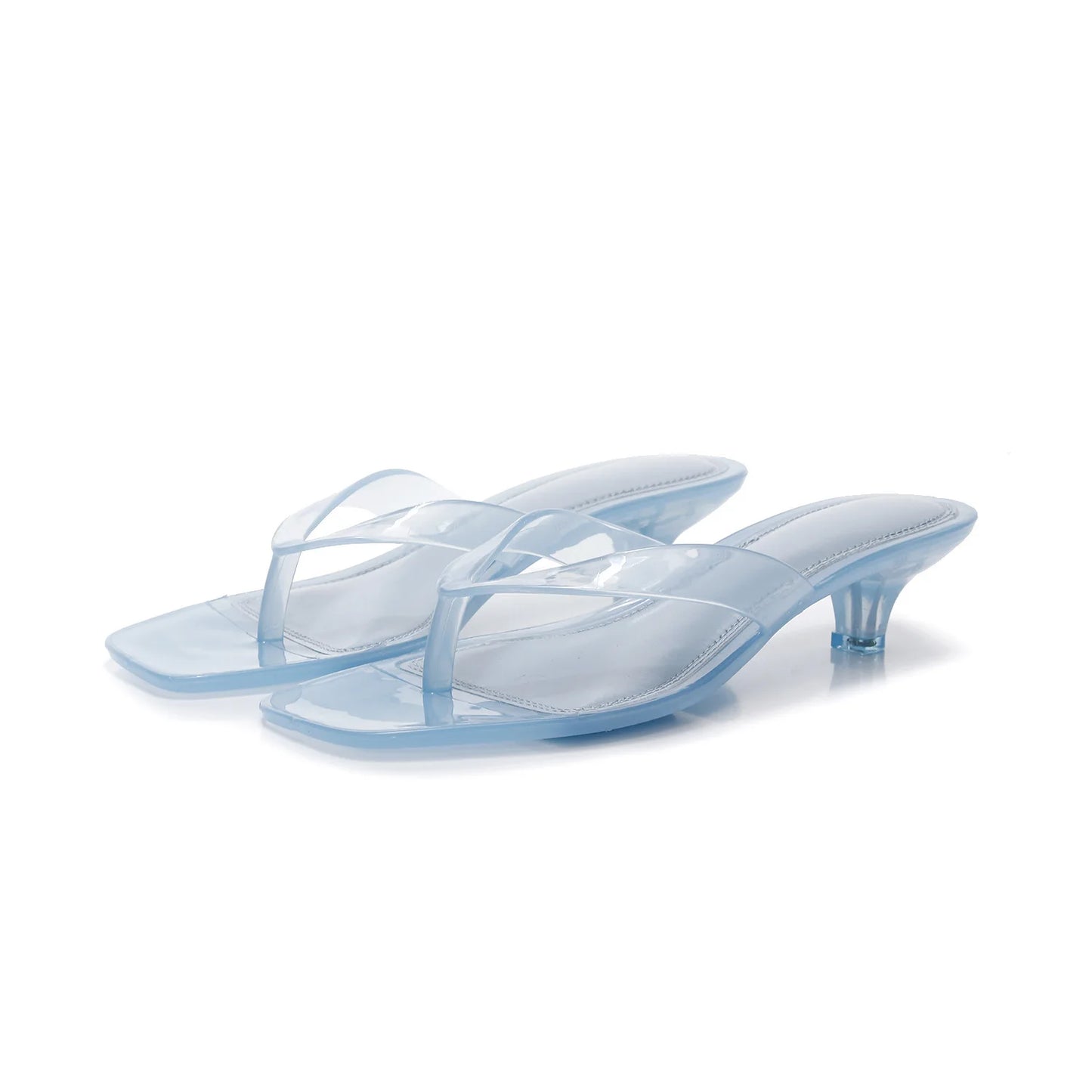 Summer Women Jelly Thong Flip Flops Square Toe Kitten Heel Slide Sandals Transparent TPU Beach Slippers
