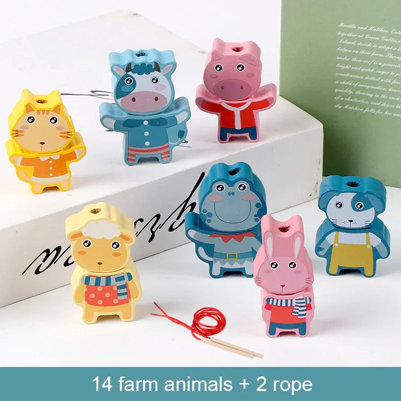 Kids Montessori Wooden Lacing Toy DIY Wooden Beads For Children Cartoon Animals Fruit Letter Digital Beads Threading Toys Gifts